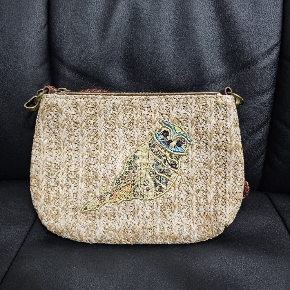 Sakroots Peace Embroidered Owl Campus Mini Straw Crossbody Or Shoulder Tan